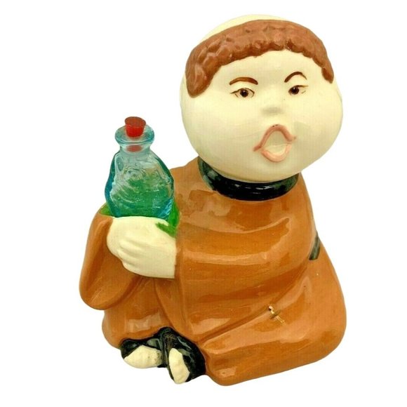 Pair of Ceramic Monk Figurines Holding Wine / Liquor Bottles - 5" & 6" Tall - Picture 3 of 7